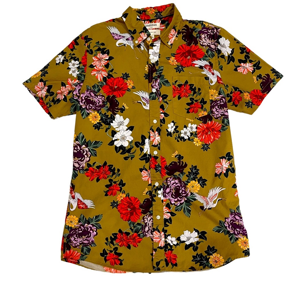 Good Threads Mens Button Down Tall Crane and Floral Design Print